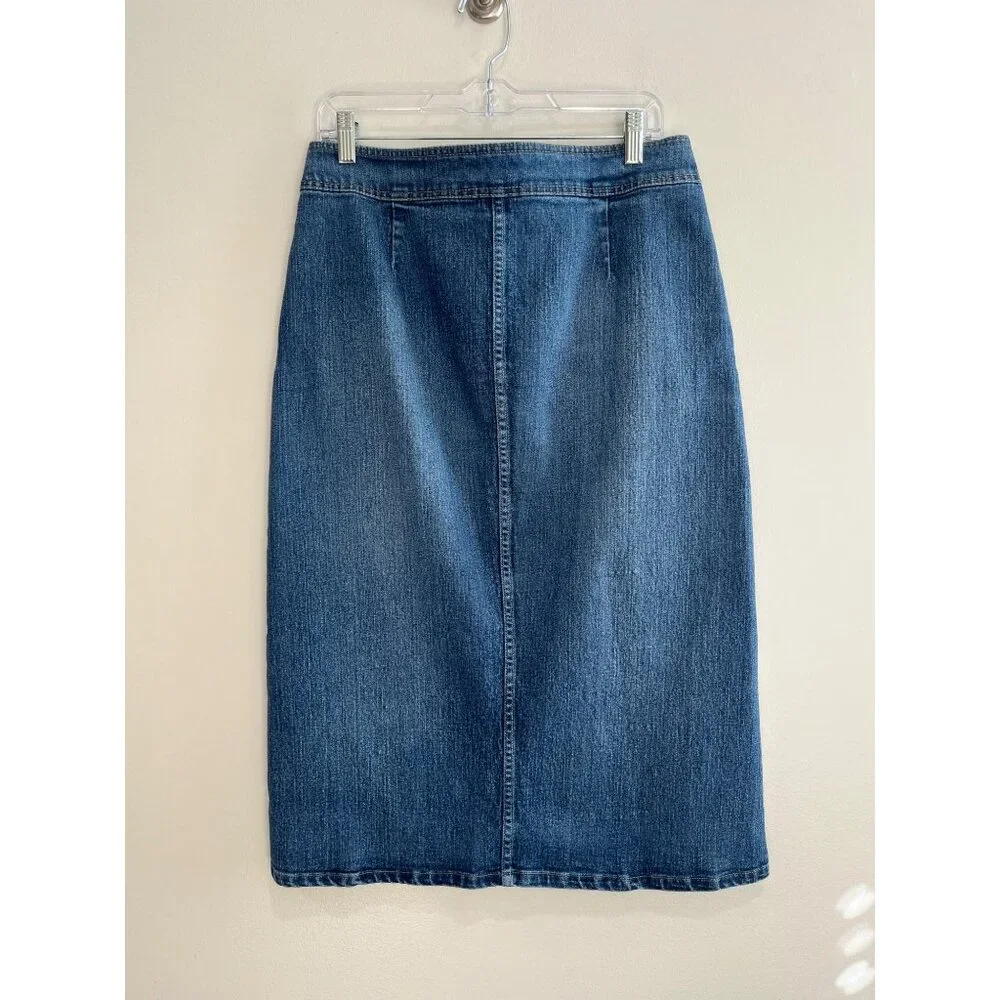 Per Se Denim Pencil Skirt Womens 6 Blue Jean Button Front Mid Length Pockets